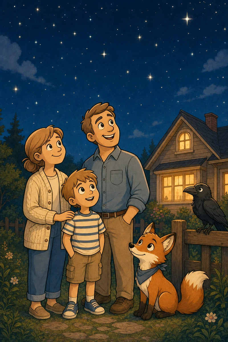 A family with Pip the Fox looking at the stars together
